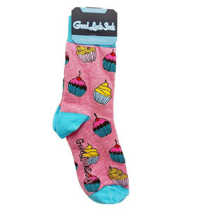 Good Luck Socks Crew Women Boy Cupcake Frosting Cherry Sprinkles Pink NEW NWT